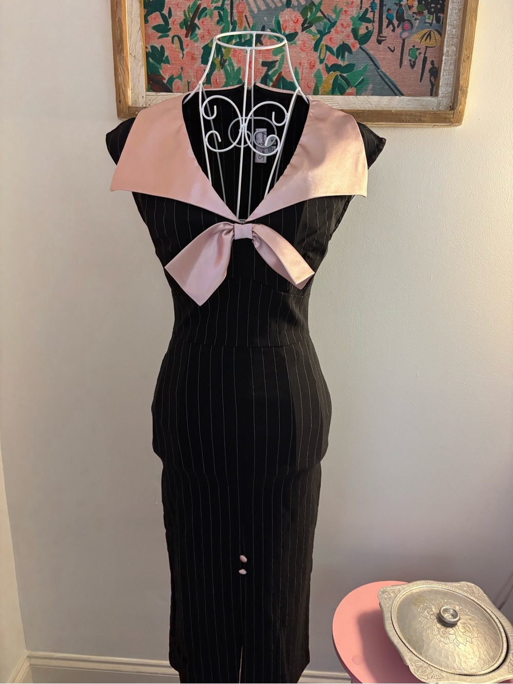 Stop Staring Black Pinstripe Midi Dress with Pink Sailor Collar